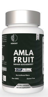 Heroot Organic Amla capsules bottle with potential immune support and skin glow.