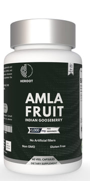 Heroot Organic Amla capsules bottle with potential immune support and skin glow.