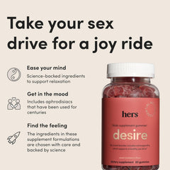Hers Desire gummies bottle on table with label visible for convenient daily use.