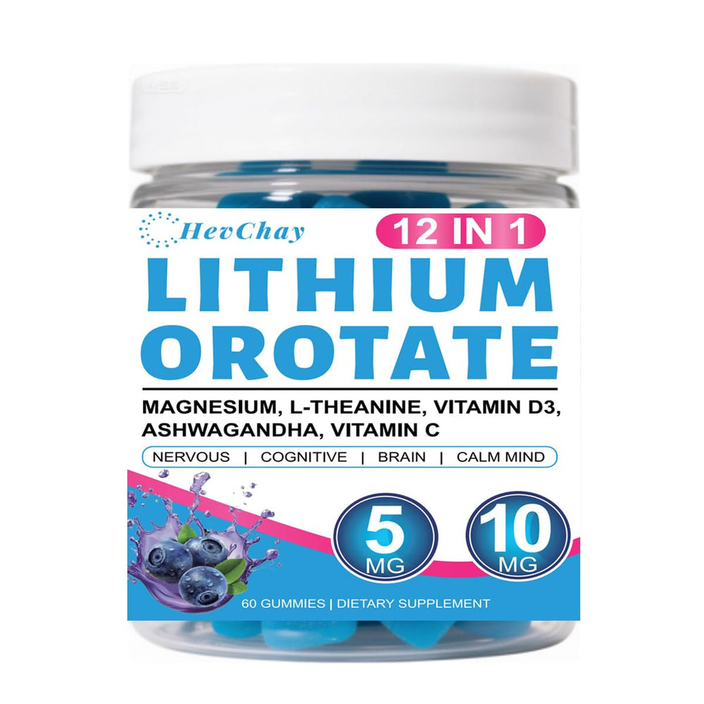 HevChay Lithium Orotate 5mg bottle pour supports daily calm and focus.