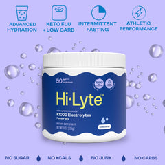 Hi-Lyte K1000 electrolytes powder mixed in water for sugar-free hydration.