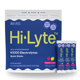 Hi-Lyte K1000 Raspberry Lemon packets for on-the-go hydration and electrolyte balance.