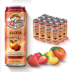 High Ground Elixir mushroom seltzer bottle pour showing strawberry peach flavor for a mindful sip