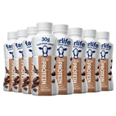 High Protein Chocolate Shake bottle pour for on-the-go nutrition.