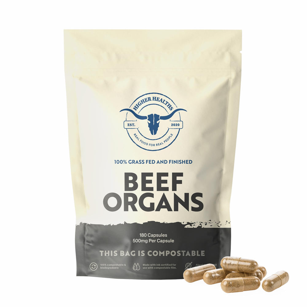Higher Healths Beef Organs bottle close-up with 180 capsules for daily nutrition