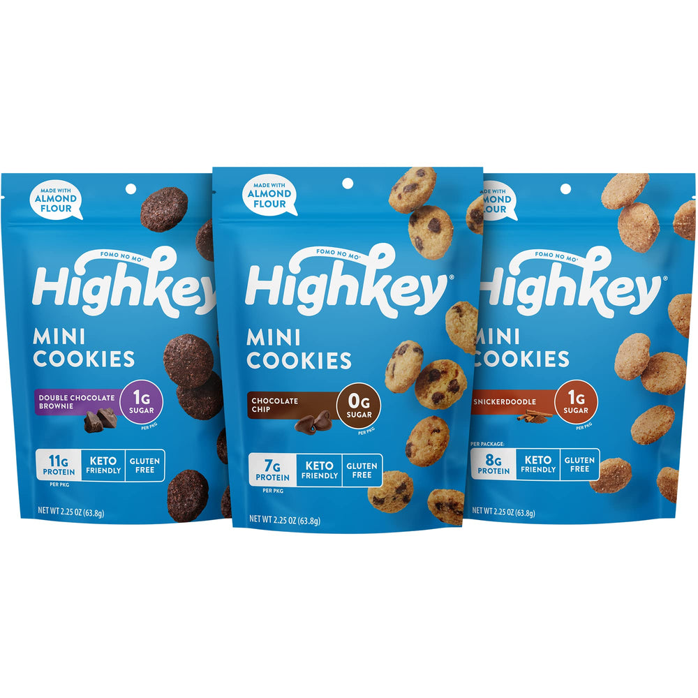 HIGHKEY Cookies Variety Pack 3-pack on a kitchen counter, easy keto-friendly indulgence.
