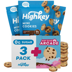 HighKey Keto Chocolate Chip Mini Cookies pack highlighting gluten-free, sugar-free snacking.