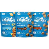 HighKey Sugar Free Cookies Variety Pack pack shot highlights three flavors for keto-friendly snacking.