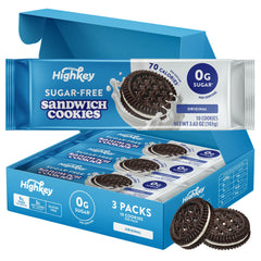 HIGHKEY Sugar Free Sandwich Cookies front pack view; gluten-free, low-calorie snack.