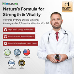 HIILEATHY Shilajit bottle back with vitamin D3 and K2 details for bone support