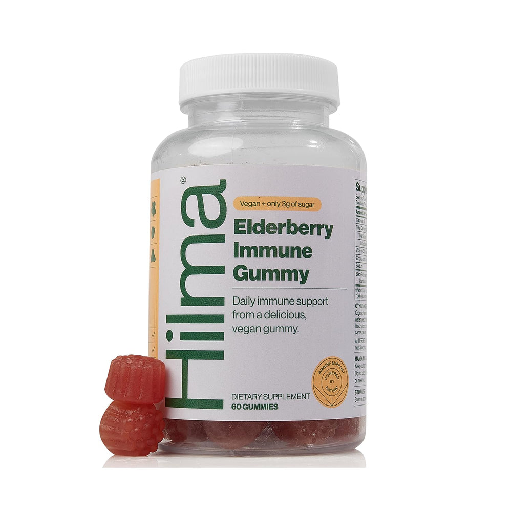 Hilma Elderberry Gummies bottle shown on a clean surface for daily immune support.