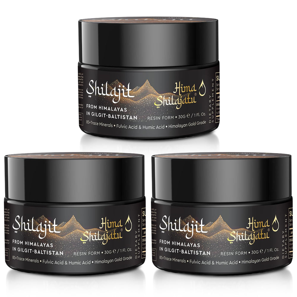 Hima Shilajatu gold-grade resin in a jar supports daily energy and purity.