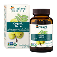 Himalaya Amla bottle front displaying USDA Organic packaging for daily immune support.