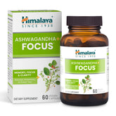 Himalaya Ashwagandha Focus bottle showcasing vegan caplets for daily focus.
