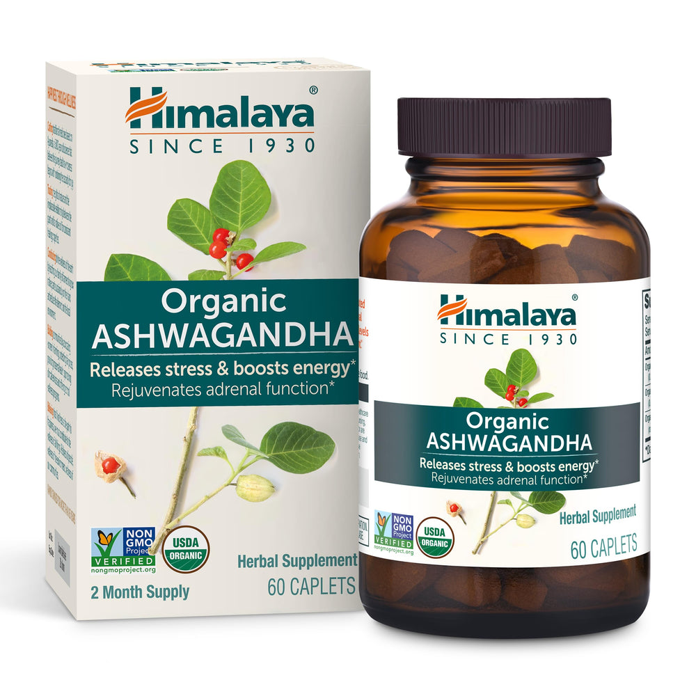 Himalaya Ashwagandha root bottle showcases organic formula for daily stress support and energy.