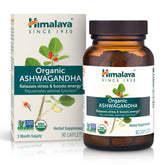 Himalaya Ashwagandha root bottle showing organic formula for daily support