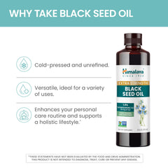 Himalaya black seed oil label with vegan, non-GMO, gluten-free details.