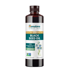 Himalaya extra strength black seed oil bottle showing premium cold-pressed oil for daily wellness.