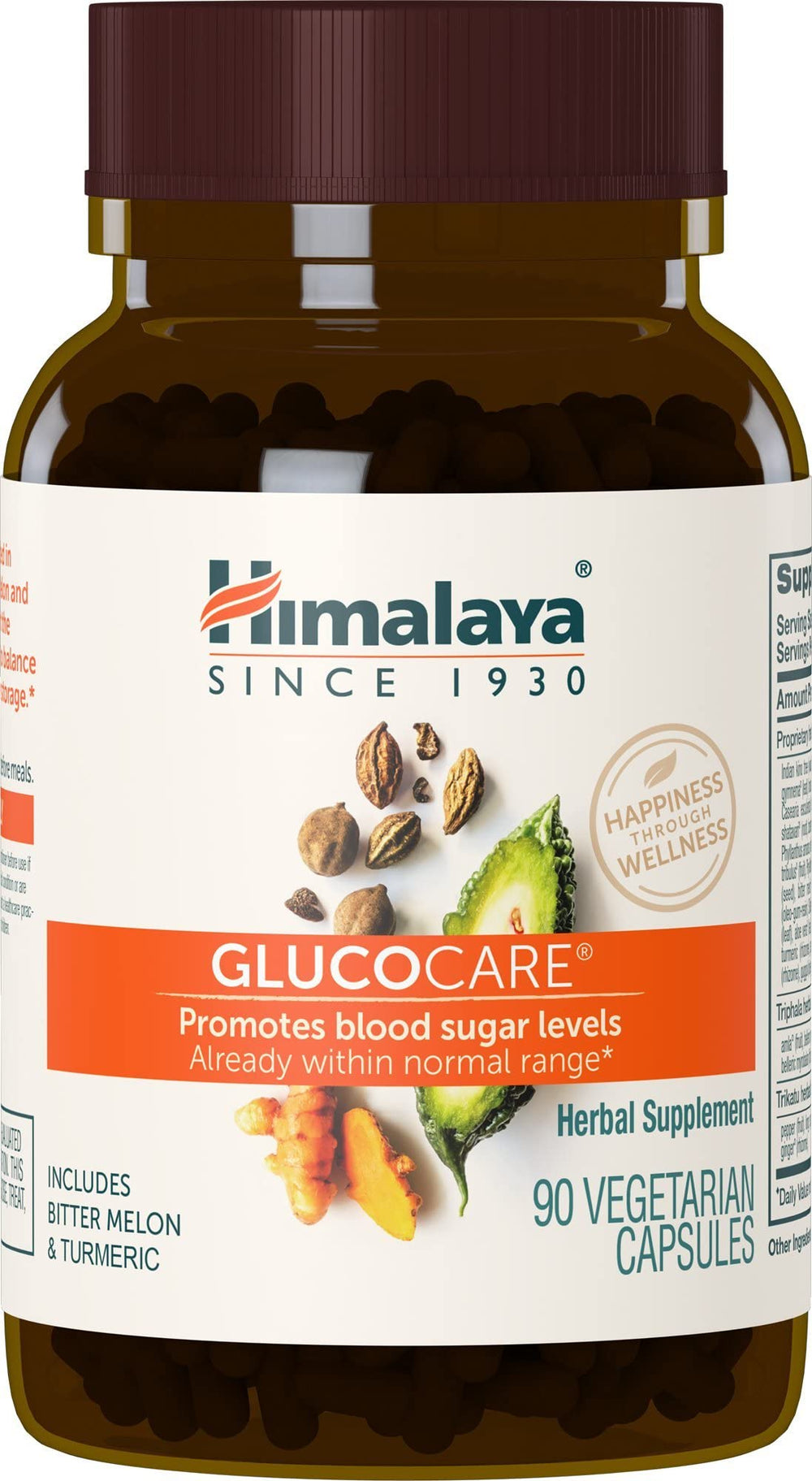 Himalaya GlucoCare bottle front, herbal support for balanced blood sugar.