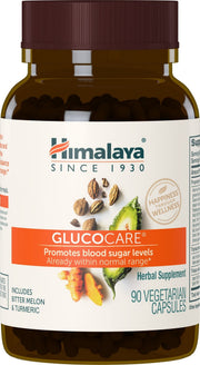Himalaya GlucoCare bottle front, herbal support for balanced blood sugar.