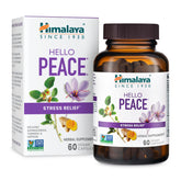 Himalaya Hello Peace bottle and capsules on a desk for daily stress relief.