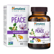 Himalaya Hello Peace bottle and capsules on a desk for daily stress relief.