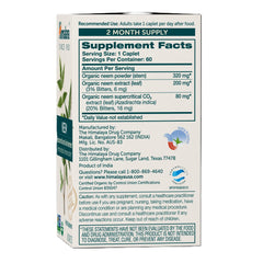 Himalaya Neem capsules close-up highlighting potent extract in vegan, gluten-free formula.