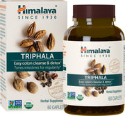 Himalaya Triphala bottle with caplets for digestive support.