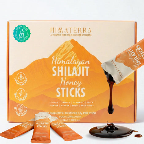 HIMĀTERRA Shilajit Honey Sticks pack for easy daily energy support.