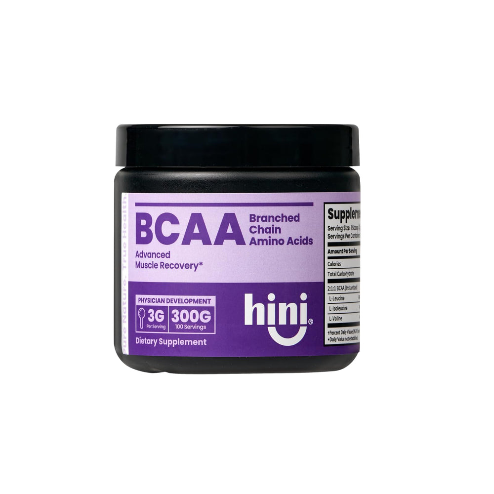 HINI BCAA powder bottle shows essential amino acids for daily training support