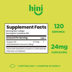 HINI Oregano Oil softgel capsule closeup showing carvacrol per serving.