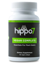 Hippo7 vegan complete multivitamin bottle shows label, ideal for plant-based daily nutrition.