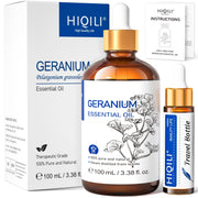 HIQILI Geranium essential oil bottle with amber glass ideal for skin care and diffusers.