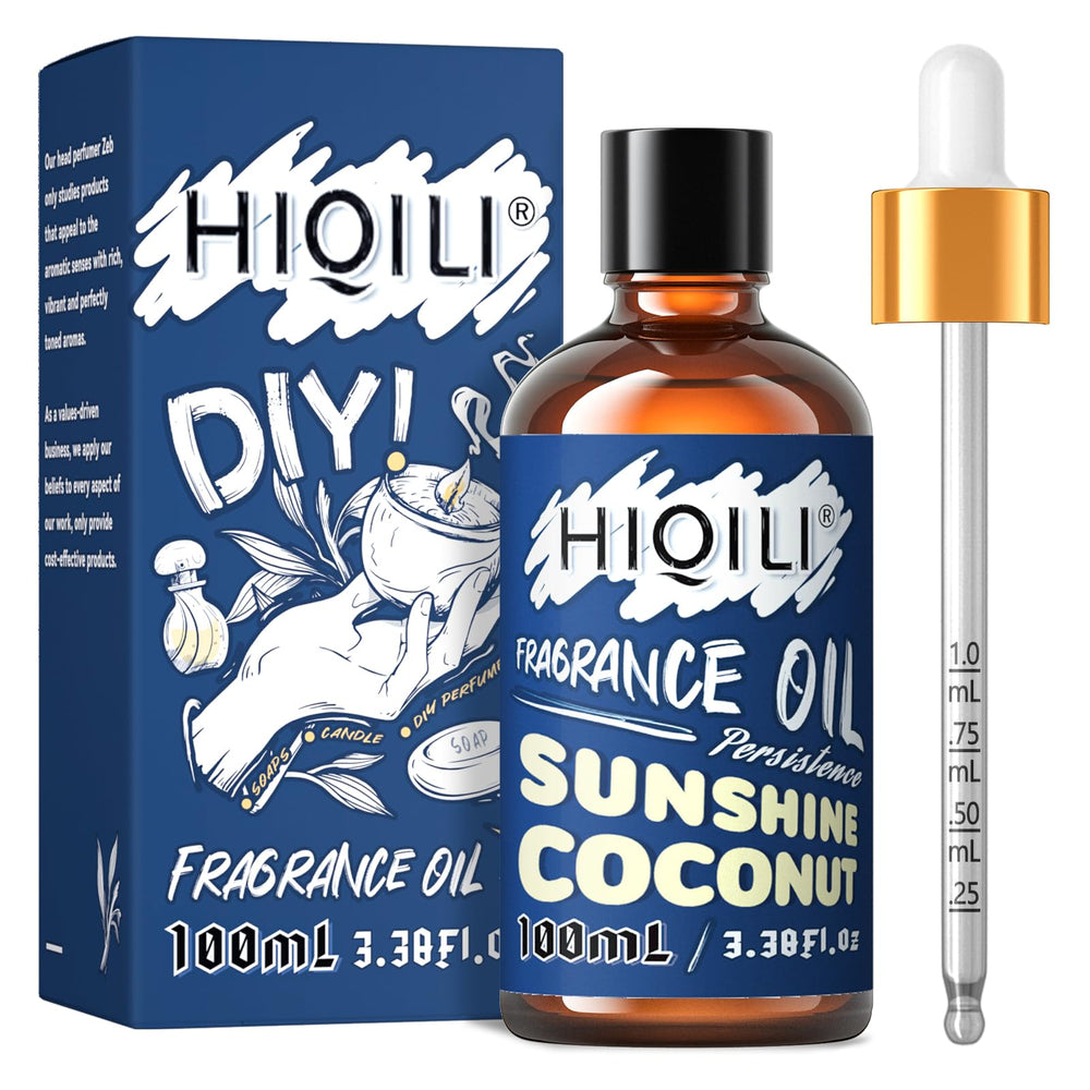 HIQILI Sunshine Coconut fragrance oil in a diffuser bottle for tropical ambiance.