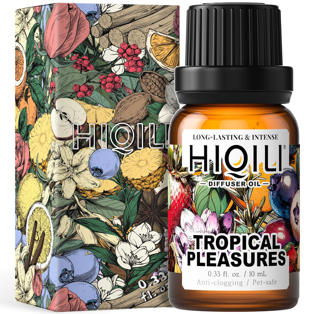 HIQILI Tropical Pleasures diffuser bottle enhances a bright living room with a warm aroma.