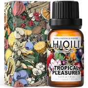 HIQILI Tropical Pleasures diffuser bottle enhances a bright living room with a warm aroma.