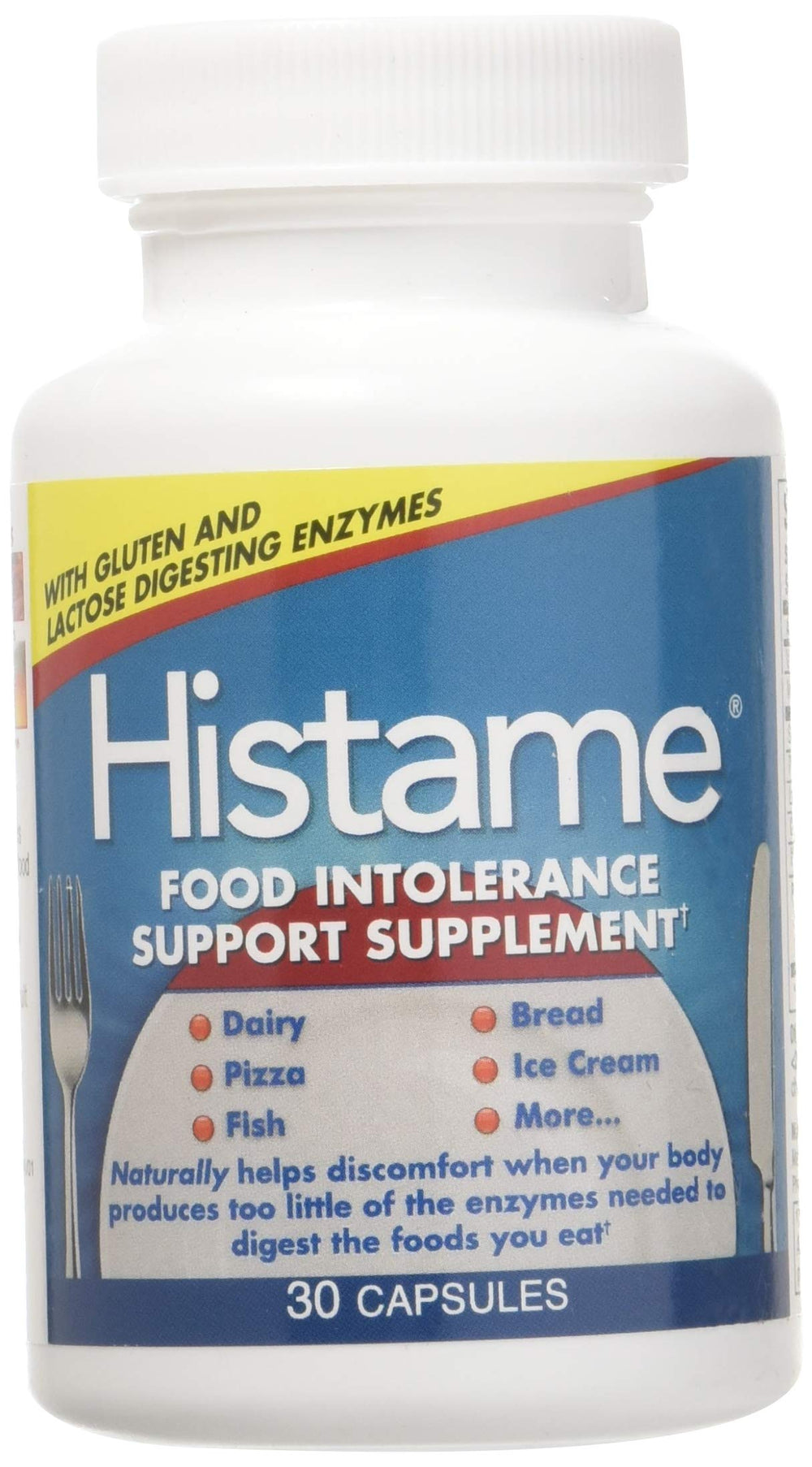 Histame bottle front view showing 30 capsules for digestive support