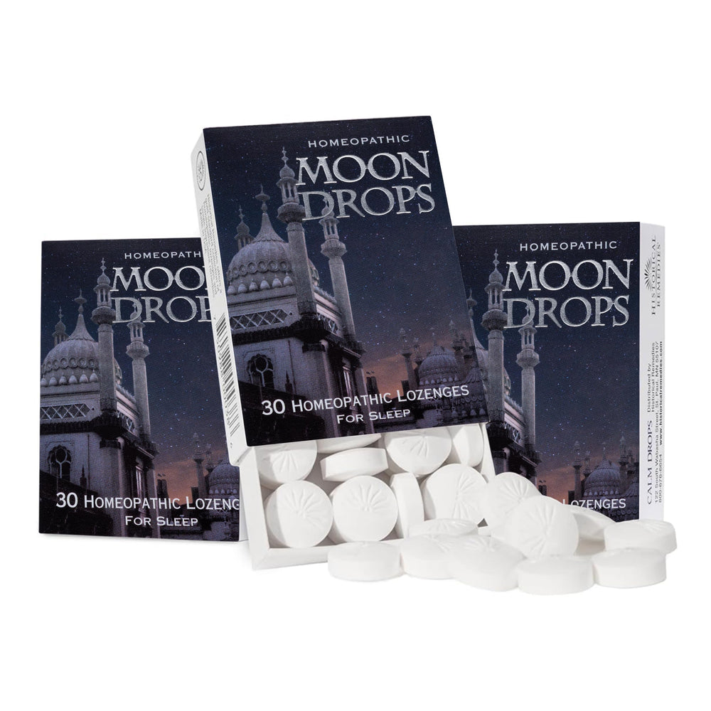 Historical Remedies Moon Drops bottle and box showcasing natural sleep support in a convenient pack.