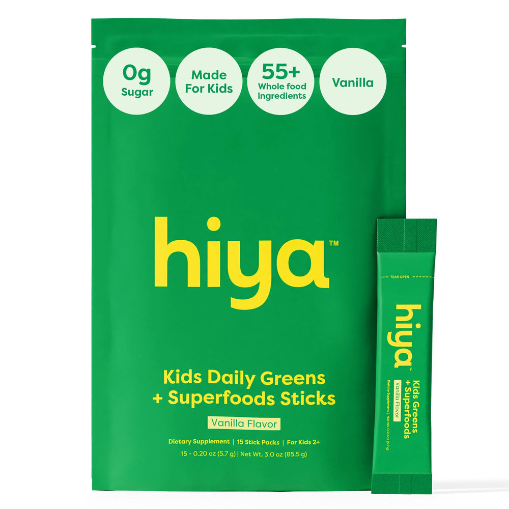 HIYA Kids Greens Powder Sticks packaging highlighting four blends for daily nutrition