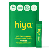 HIYA Kids Greens Powder Sticks packaging highlighting four blends for daily nutrition