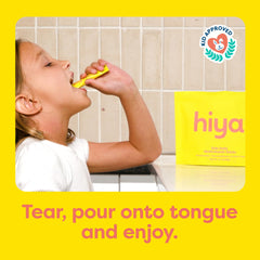 HIYA Kids Multivitamin pour-on-tongue image demonstrates easy, sugar-free consumption