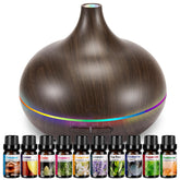 HLS aromatherapy diffuser with wood grain finish emitting a calm aroma and mist
