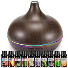 HLS aromatherapy diffuser with wood grain finish emitting a calm aroma and mist