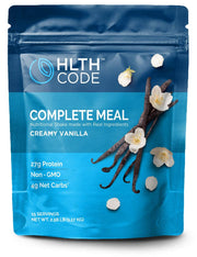 HLTH CODE Complete Meal Shake vanilla bottle showing convenient meal replacement for on-the-go nutrition
