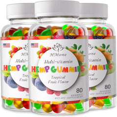 HMone Organic Hemp Gummies 3-pack bottle close-up supports daily relaxation