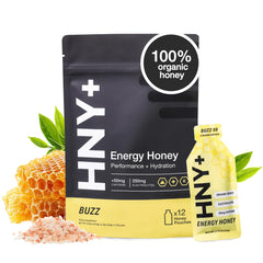 HNY+ Buzz energy gel pack highlighting organic honey fueling workouts on the go