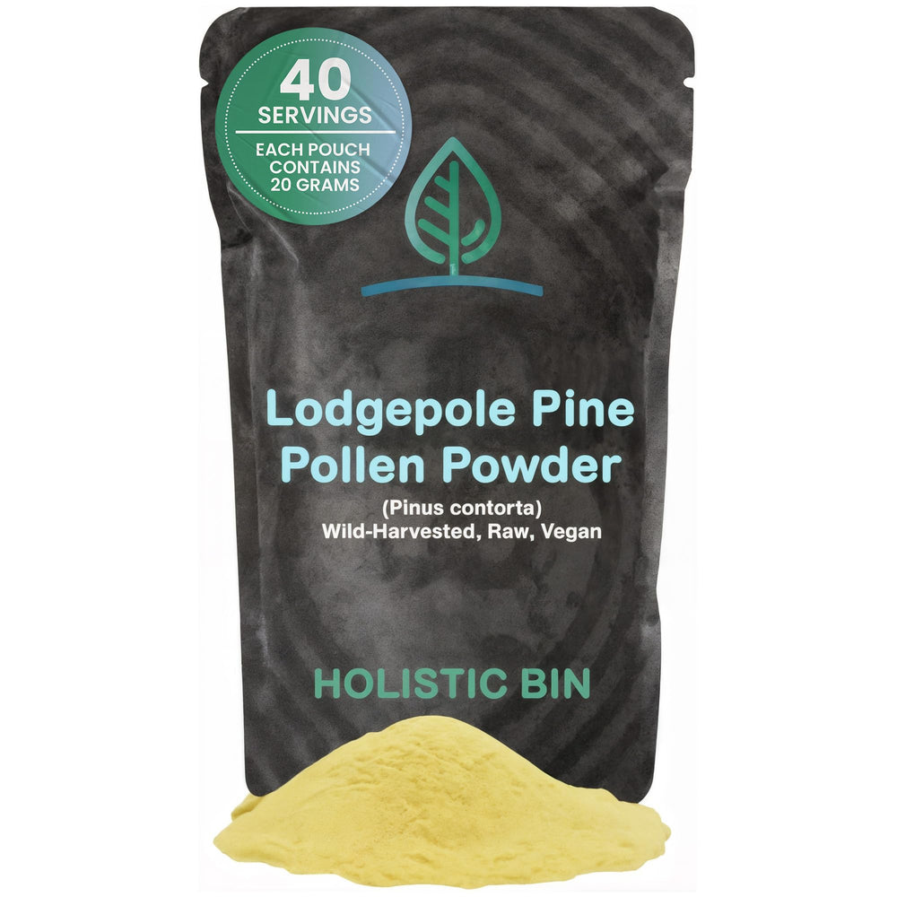 Holistic Bin pine pollen powder jar illustrates pure organic supplement for daily wellness