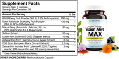 Vision Alive Max ingredient panel highlights Lutemax 2020 for eye nutrients