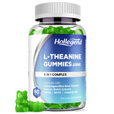 HOLLEGEND L-Theanine Gummies bottle resting on shelf for calming evening routine.