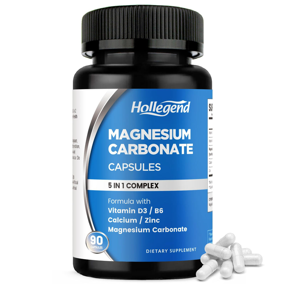 HOLLEGEND magnesium carbonate capsules bottle front, suggests daily wellness for muscle comfort and electrolyte balance.